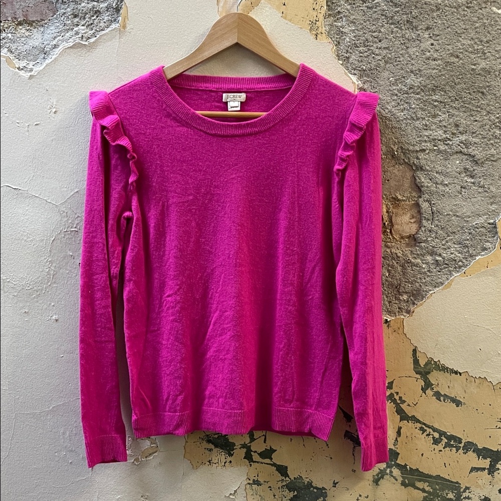 J. Crew Fuchsia Ruffle Cotton/Wool Blend Sweater